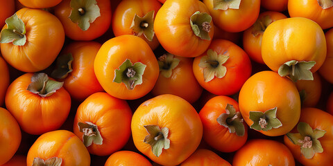 The background is full of persimmons in an orange and yellow color scheme, with high definition photography, orange and yellow colors, orange and white tones on a white background with bright light