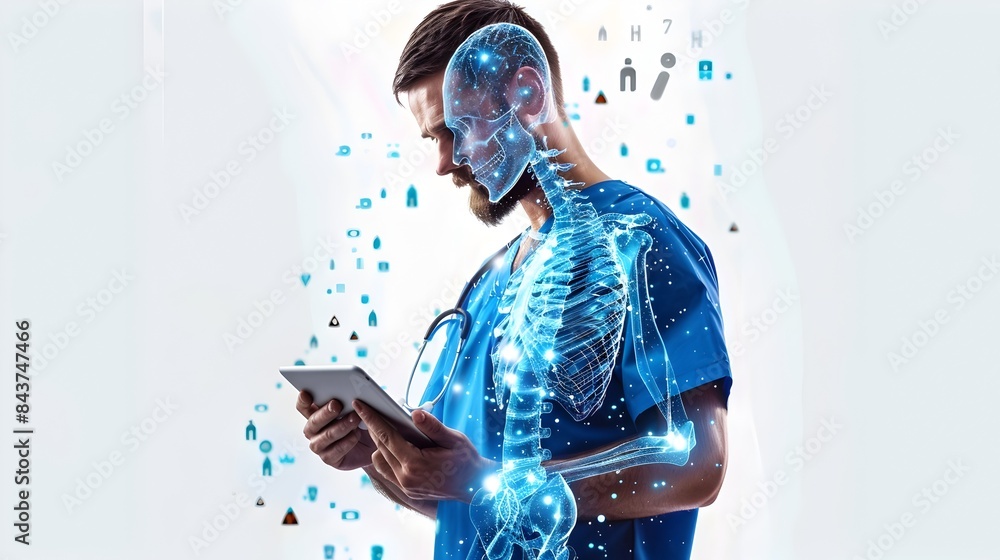 Poster digital cyborg with glowing holographic interface showcasing technological innovation and artificial