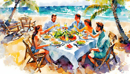 Happiness Beach Cheers Celebration Friendship Summer Fun Dinner Concept.