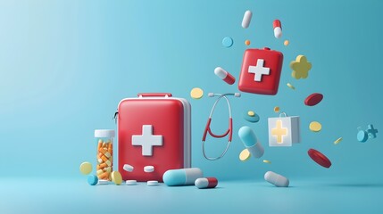 Fototapeta premium Medical Supplies and Pharmaceutical Products Arranged on Blue Background for Healthcare and Wellness Concept