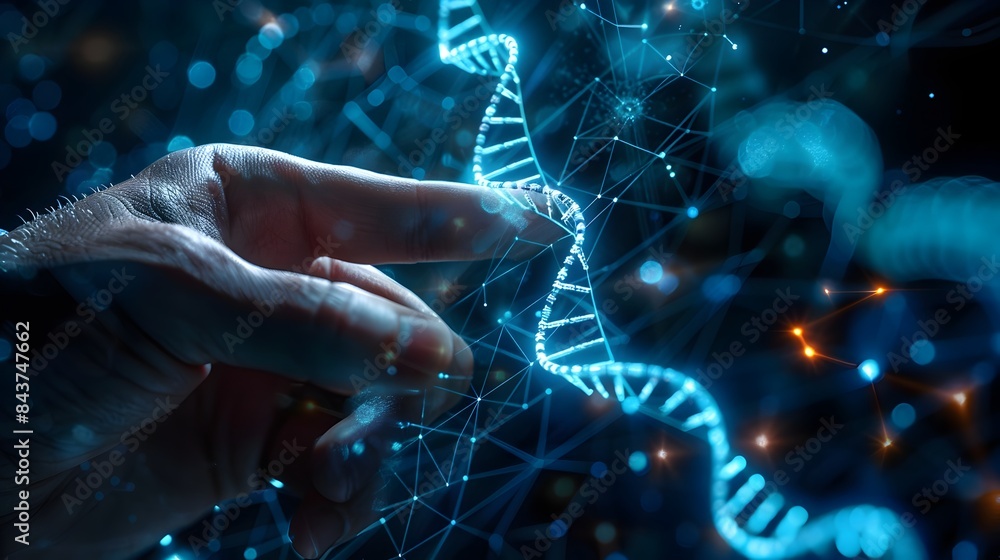 Poster digital representation of genetic coding and molecular structure in a futuristic scientific lab sett