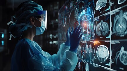 Brain Surgeon Examining Advanced Medical Imaging Data in High Tech Hospital Operating Room