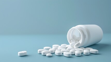 Assortment of Various Pharmaceutical Medicines and Medications in Bottles and Containers on Blue Background