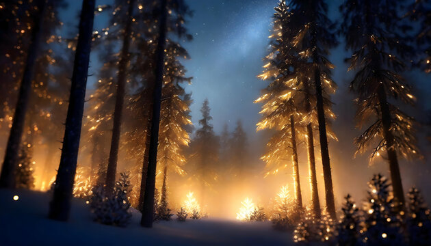 Joyful Scenic view of firer in forest with tall coniferous trees on misty day on digital art concept.