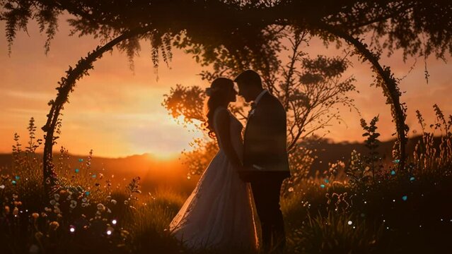 Silhouette of the bride and groom with a stunning natural background with smooth looping video.