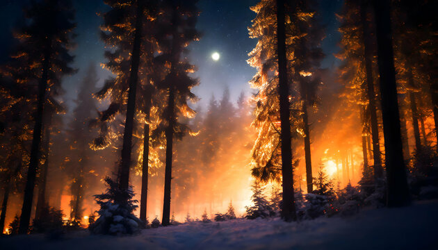 Joyful Scenic view of firer in forest with tall coniferous trees on misty day on digital art concept.