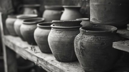 Antique clay pots displayed on a wooden shelf with a blurred background in monochrome