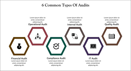 Six common type of audits - Financial audit, Operational audit, compliance audit, internal audit, IT Audit, Quality Audit. Infographic template with icons and description placeholder