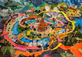 Obraz premium Artistic paper collage showing a top-down view of an adventure park.