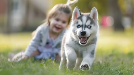 Portrait of a Husky dog running with a little girl on lawn in outdoor park