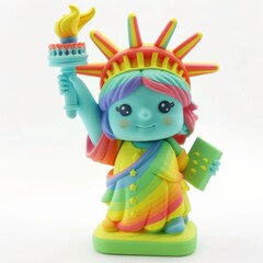 Fototapeta premium Charming kawaii Statue of Liberty toy character from the Pop Mart Cry Baby series, adorned with rainbow colors, celebrating LGBTQ pride