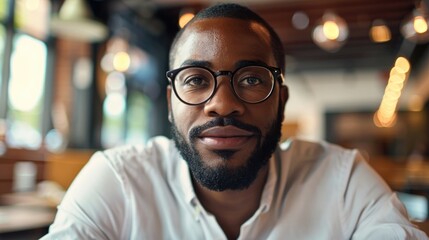 Portrait of content African American male professional in a workplace gazing at the camera Blank area available for text