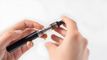Hands Filling Vape Pen with E-Liquid on White Background for Tutorial or Review