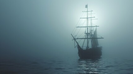 Sailing ship in sea water in heavy fog.