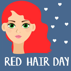 National Redhead Day. Beautiful red-haired girl and hearts. Cute girl with  red hair. Redhead Day Poster.