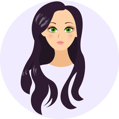  Avatar for social network. The face of a black-haired European girl. Front view. Colorful portrait.