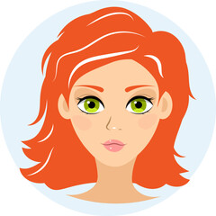 Avatar for social network. The face of a European girl with red hair. Front view. Colorful portrait.