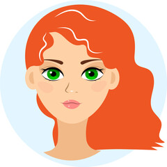 Avatar for social network. The face of a red-haired European girl. Front view. Colorful portrait.