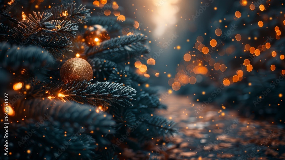 Poster a festive close-up image capturing the details of a christmas tree branch adorned with golden orname