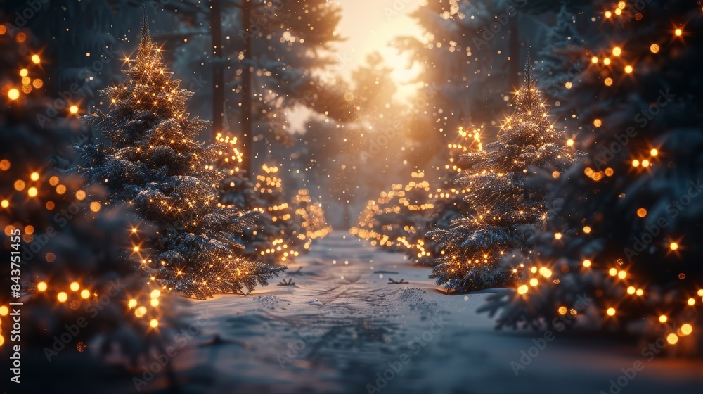 Aufkleber A magical winter scene with snow-covered trees adorned with warm lights, creating a festive and inviting path in a forest setting