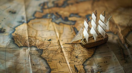 A model vintage sailing ship on world map