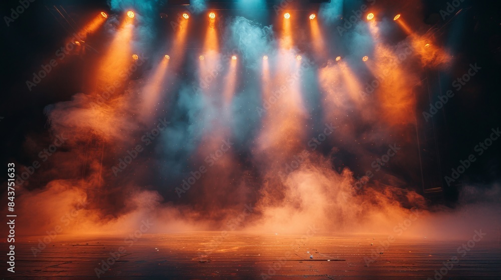 Poster the image depicts a concert stage bathed in multicolored smoke and beams of lights, creating a dynam