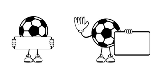 Cartoon soccer ball mascot and megaphone. Goal net. Soccer border and horn or  loudspeaker. Microphone and  stadium, supporters. wk, ek sport finale, sports game. Street ball. Playground 2024, 2027.