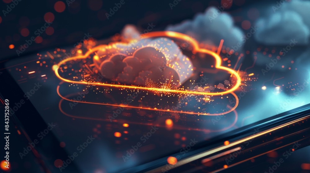 Poster a glowing cloud computing symbol on a phone, representing data storage and connectivity.