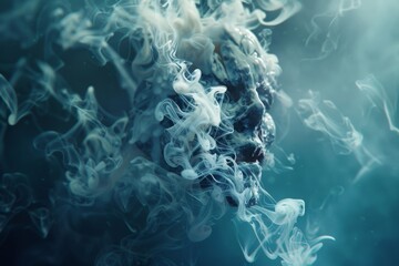 Obraz premium A ghostly face emerges from swirling white smoke against a deep blue background, creating an ethereal and mysterious image.