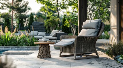 Elegant Patio Recliner Chair with Wicker Frame and Grey Fabric Cushions, Paired with Wooden Side Table Near Poolside - Perfect for Summer Relaxation