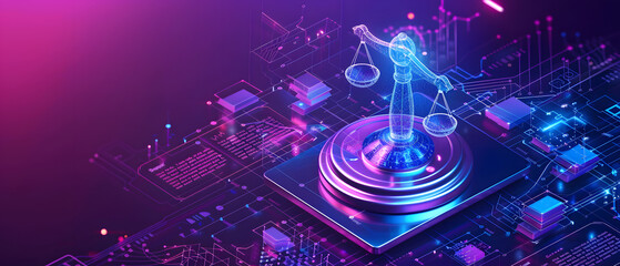 Fototapeta premium Lady Justice on a digital motherboard, symbolizing lawtech.