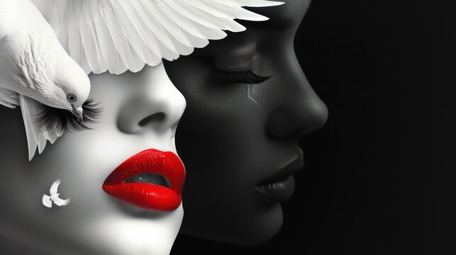 8h A white woman with red lipstick and long lashes, next to her is a black face of a man with two small white doves on his eyes. The background color should be black and white, 