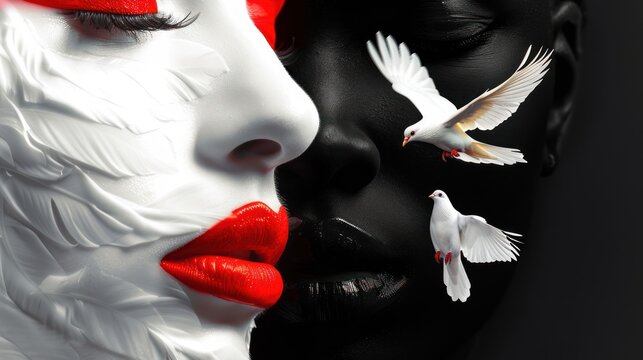 8h A white woman with red lipstick and long lashes, next to her is a black face of a man with two small white doves on his eyes. The background color should be black and white, 