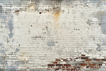 Old white brick wall with extensive peeling paint and exposed red bricks at the bottom