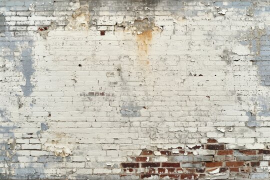 Fototapeta Old white brick wall with extensive peeling paint and exposed red bricks at the bottom