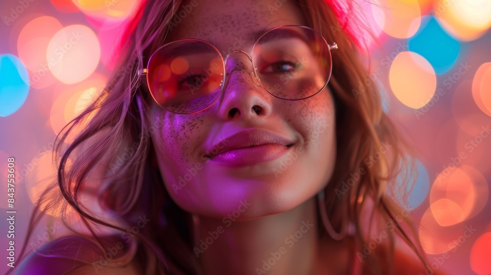 Poster bright colorful bokeh effects dominate with a portrait hint seen through the blur