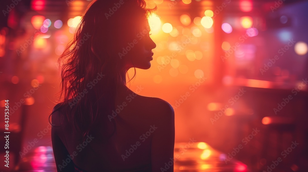 Poster a rear-view silhouette of an individual with colorful bokeh lighting in the background