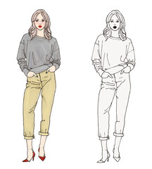 オシャレな女性の全身イラスト