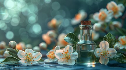 Obraz premium Artistic shot of a clear bottle with essential oil surrounded by white flowers on a teal background