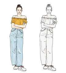 腕組みをするオシャレな女性の全身イラスト
