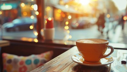 A warm cup of coffee sits on a wooden table in a cafe, with a bustling city street visible through the window.  The cafe is filled with warm light.