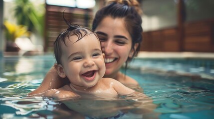 mom and smiling baby in swimming pool.