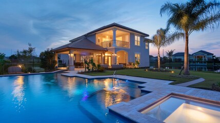 Fototapeta premium Swimming pool of a large mansion at dusk.