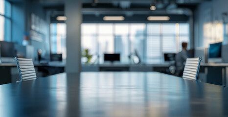 Obraz premium Empty conference room in modern office. View of an empty conference room table with chairs and blurred background of office workstations, reflecting the modern corporate environment.