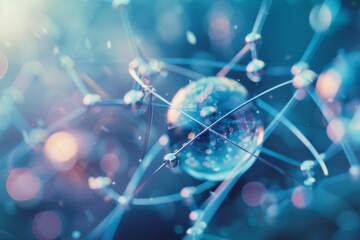 Abstract atom model with glowing blue light and blurred background.