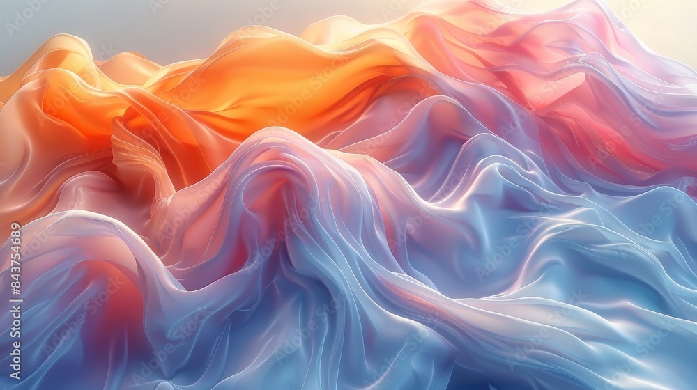 Poster a high-definition digital artwork showcasing a dynamic flow of fabric textures in gradient hues of o