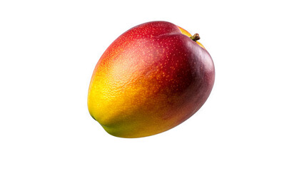 A single ripe mango fruit with red skin and yellow flesh is isolated on a white background