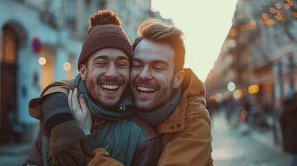 Fototapeta premium Cheerful friends gay men hugging on a city street, lgbtq community