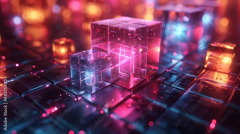 Poster illustrative image of neon glowing cubes representing digital data on a circuit board