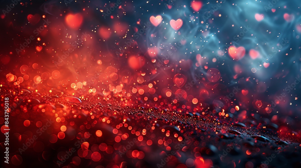 Poster a lively composition of heart-shaped bokeh lights on a dynamic red and blue gradient background